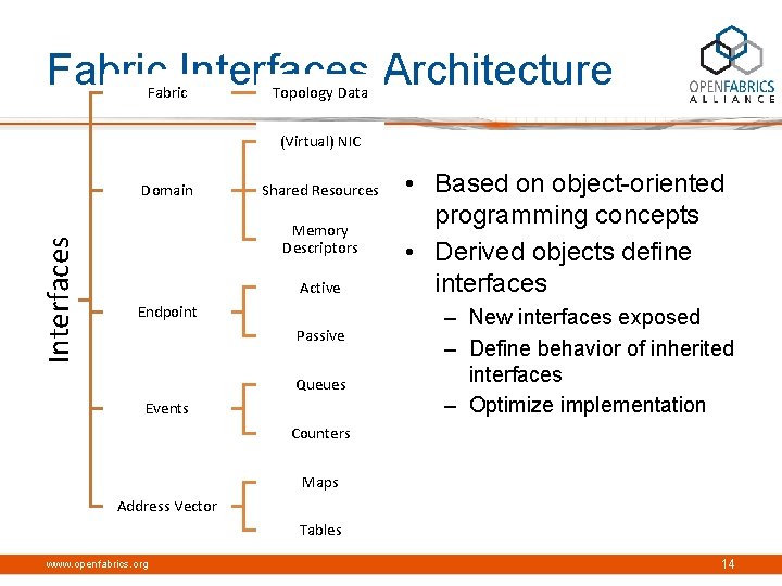 Fabric Interfaces Architecture Fabric Topology Data (Virtual) NIC Interfaces Domain Shared Resources Memory Descriptors