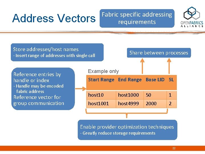 Address Vectors Fabric specific addressing requirements Store addresses/host names Share between processes - Insert