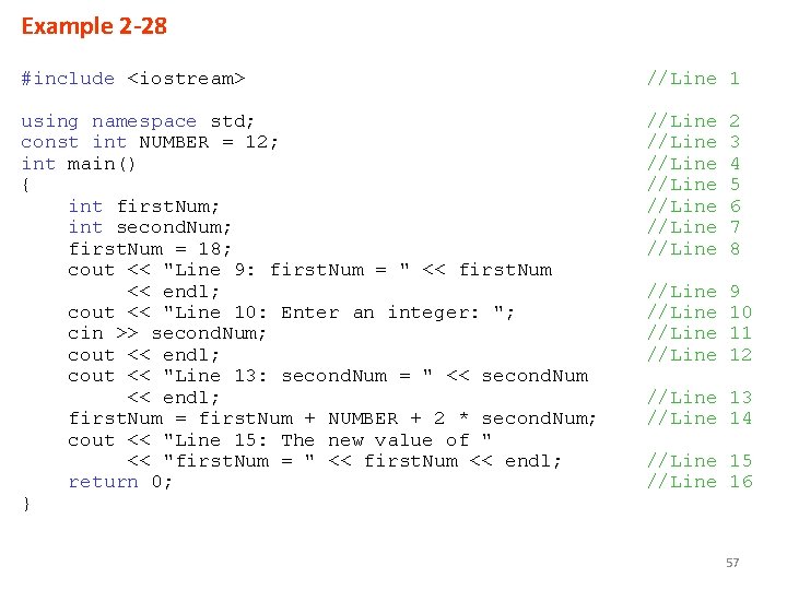 Example 2 -28 #include <iostream> //Line 1 using namespace std; const int NUMBER =