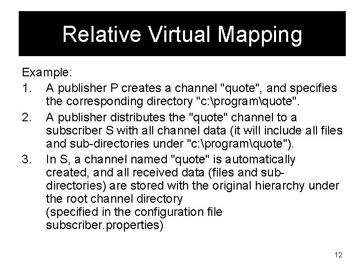 Relative Virtual Mapping Example: 1. A publisher P creates a channel "quote", and specifies