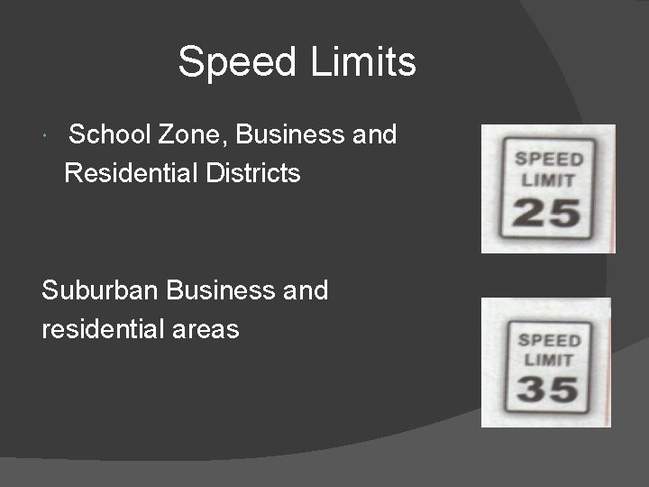 Speed Limits School Zone, Business and Residential Districts Suburban Business and residential areas 