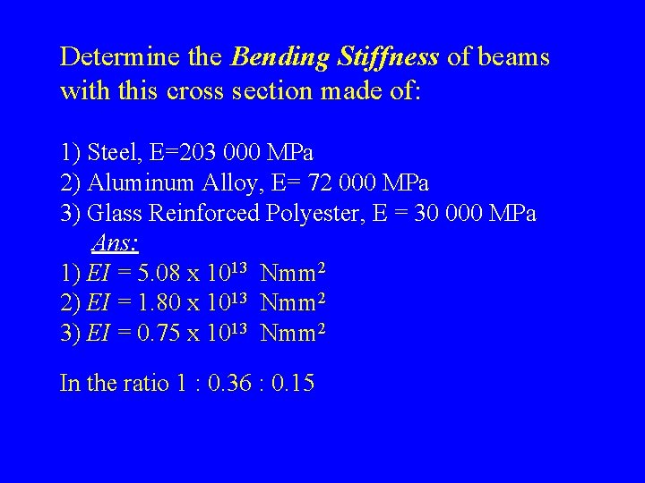 Determine the Bending Stiffness of beams with this cross section made of: 1) Steel,