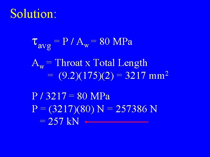 Solution: tavg = P / Aw = 80 MPa Aw = Throat x Total