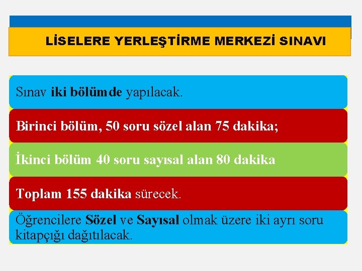 LİSELERE YERLEŞTİRME MERKEZİ SINAVI Sınav iki bölümde yapılacak. Birinci bölüm, 50 soru sözel alan