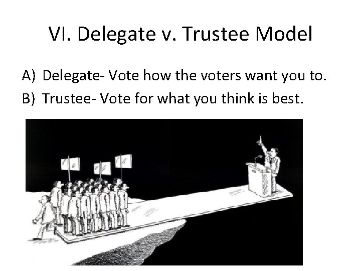 VI. Delegate v. Trustee Model A) Delegate- Vote how the voters want you to.