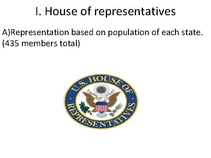 I. House of representatives A)Representation based on population of each state. (435 members total)