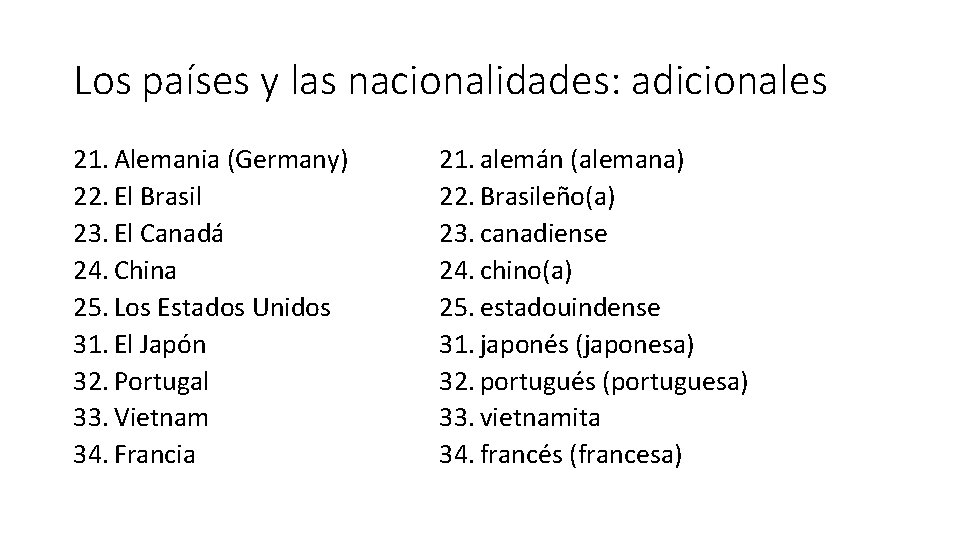 Los países y las nacionalidades: adicionales 21. Alemania (Germany) 22. El Brasil 23. El