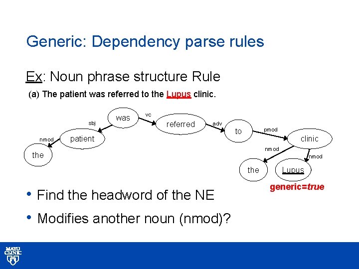 Generic: Dependency parse rules Ex: Noun phrase structure Rule (a) The patient was referred