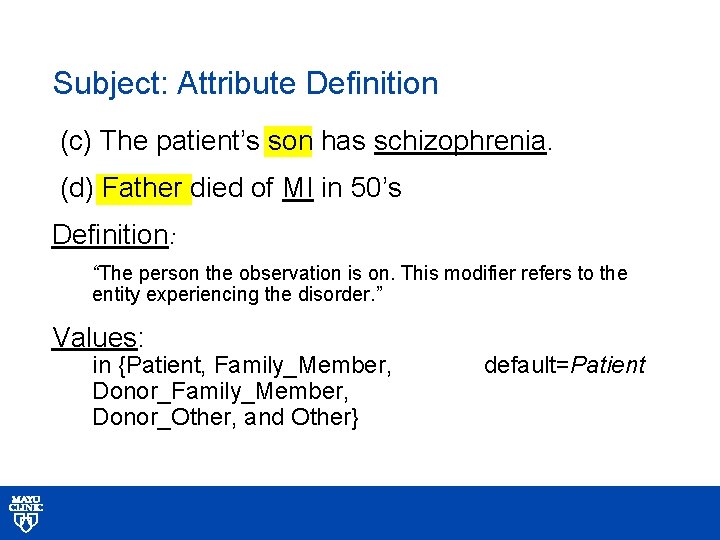 Subject: Attribute Definition (c) The patient’s son has schizophrenia. (d) Father died of MI