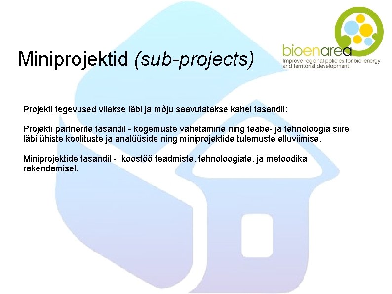 Miniprojektid (sub-projects) Projekti tegevused viiakse läbi ja mõju saavutatakse kahel tasandil: Projekti partnerite tasandil