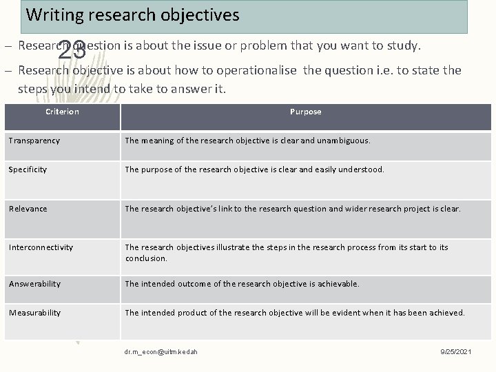 Writing research objectives 23 – Research question is about the issue or problem that