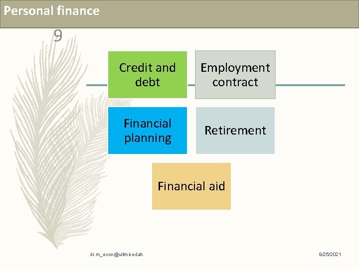 Personal finance 9 Credit and debt Employment contract Financial planning Retirement Financial aid dr.
