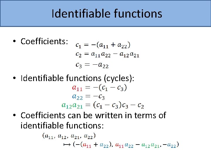 Identifiable functions • Coefficients: • Identifiable functions (cycles): • Coefficients can be written in