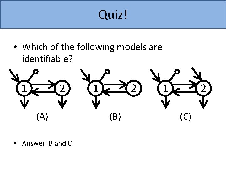 Quiz! • Which of the following models are identifiable? 1 2 (A) • Answer: