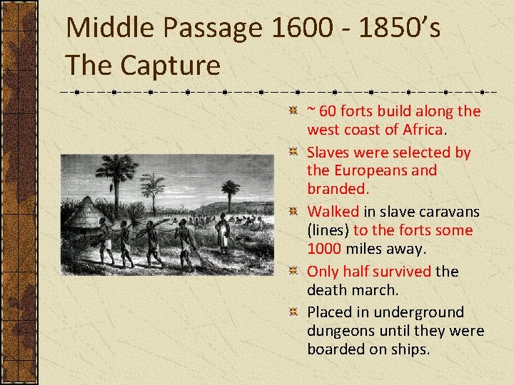 Middle Passage 1600 - 1850’s The Capture ~ 60 forts build along the west