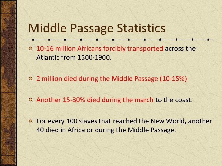 Middle Passage Statistics 10 -16 million Africans forcibly transported across the Atlantic from 1500