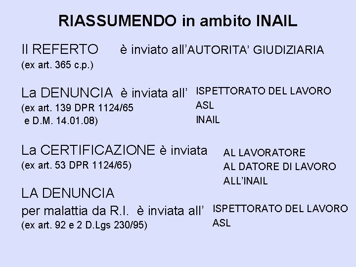 RIASSUMENDO in ambito INAIL Il REFERTO è inviato all’AUTORITA’ GIUDIZIARIA (ex art. 365 c.