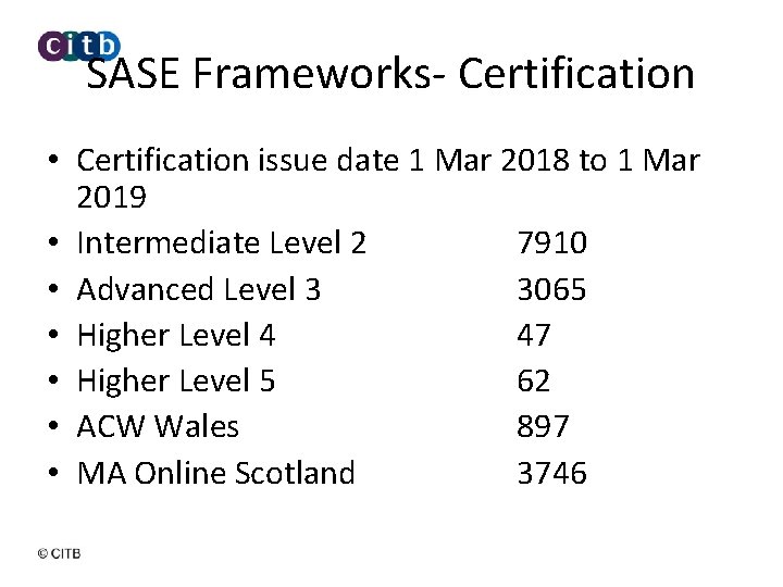 SASE Frameworks- Certification • Certification issue date 1 Mar 2018 to 1 Mar 2019