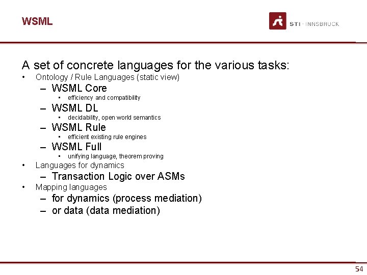WSML A set of concrete languages for the various tasks: • Ontology / Rule