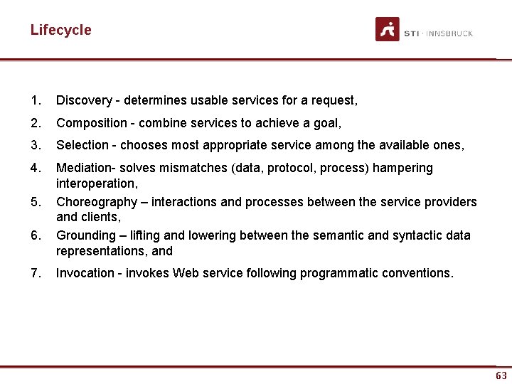 Lifecycle 1. Discovery - determines usable services for a request, 2. Composition - combine