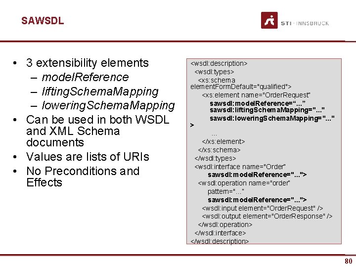 SAWSDL • 3 extensibility elements – model. Reference – lifting. Schema. Mapping – lowering.