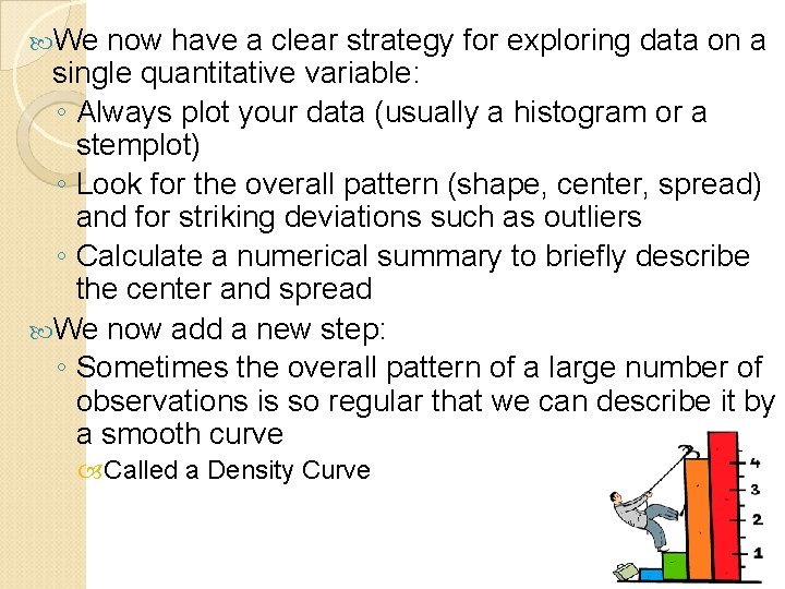  We now have a clear strategy for exploring data on a single quantitative
