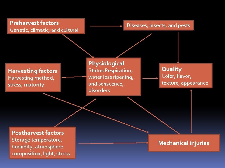Preharvest factors Diseases, insects, and pests Genetic, climatic, and cultural Physiological Harvesting factors Harvesting