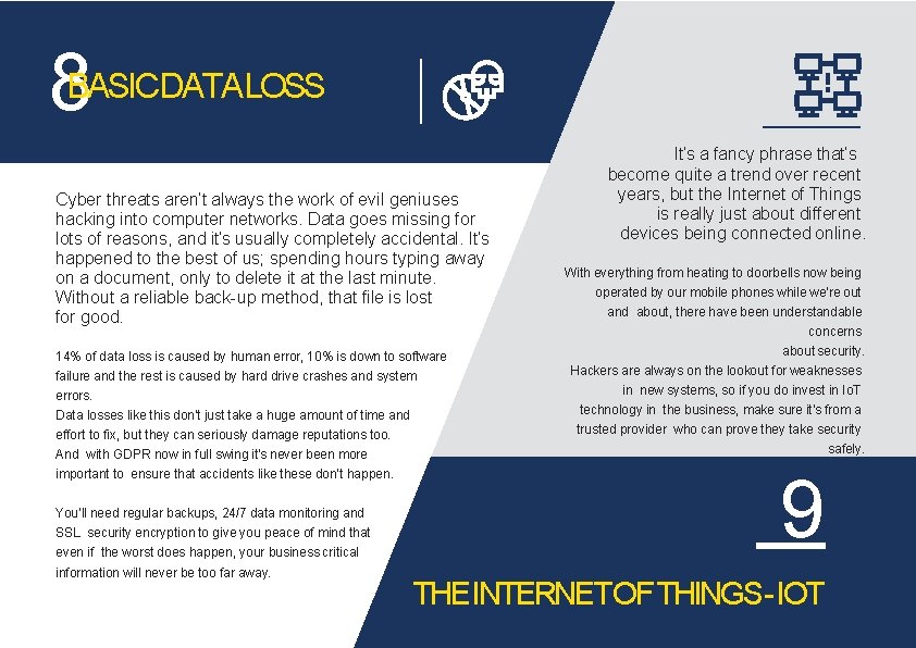 8 BASICDATALOSS Cyber threats aren’t always the work of evil geniuses hacking into computer