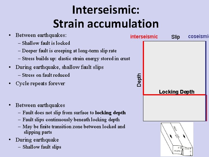 Interseismic: Strain accumulation • Between earthquakes: interseismic Slip coseismic – Shallow fault is locked