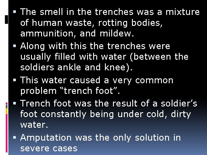  The smell in the trenches was a mixture of human waste, rotting bodies,