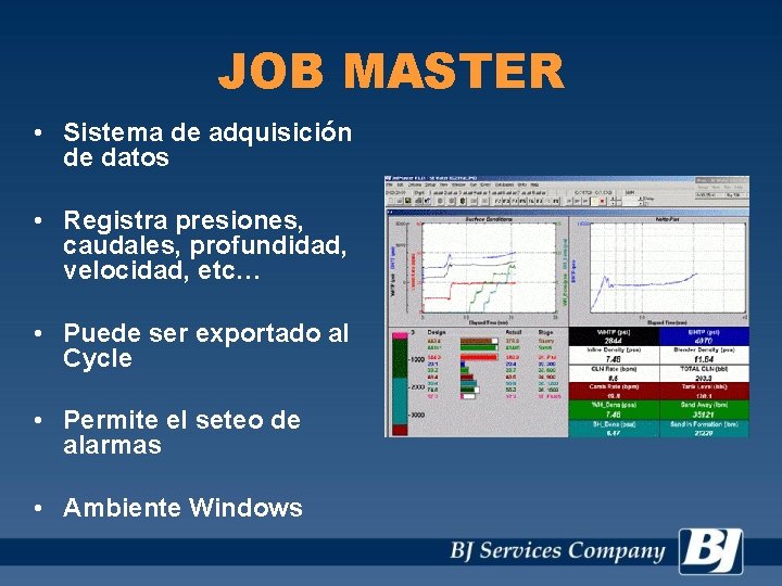 JOB MASTER • Sistema de adquisición de datos • Registra presiones, caudales, profundidad, velocidad,