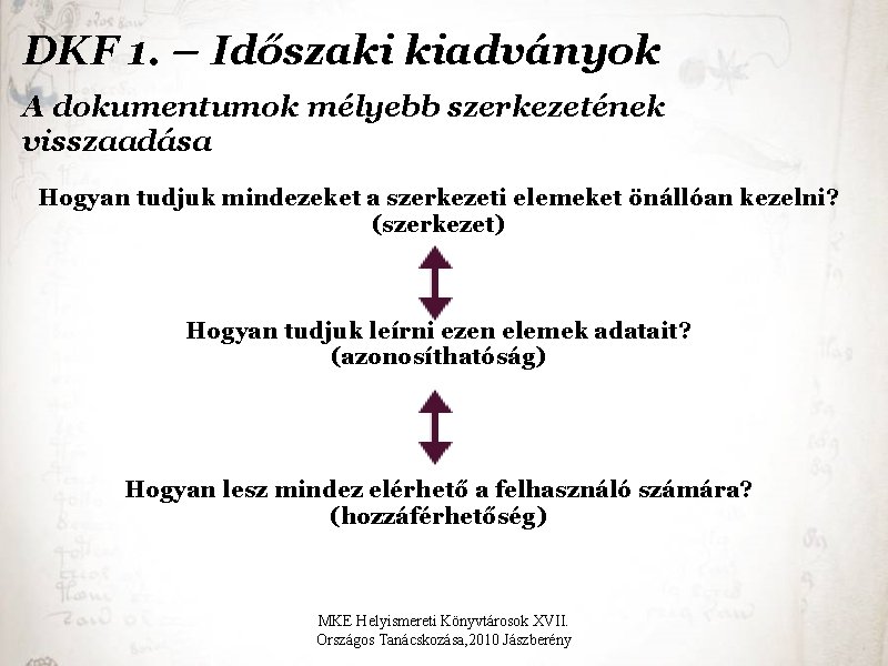 DKF 1. – Időszaki kiadványok A dokumentumok mélyebb szerkezetének visszaadása Hogyan tudjuk mindezeket a