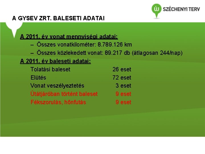 A GYSEV ZRT. BALESETI ADATAI A 2011. év vonat mennyiségi adatai: – Összes vonatkilométer: