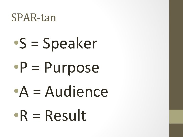 SPAR-tan • S = Speaker • P = Purpose • A = Audience •