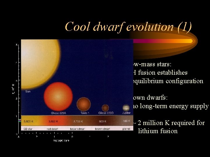 Cool dwarf evolution (1) Low-mass stars: H fusion establishes equilibrium configuration Brown dwarfs: no