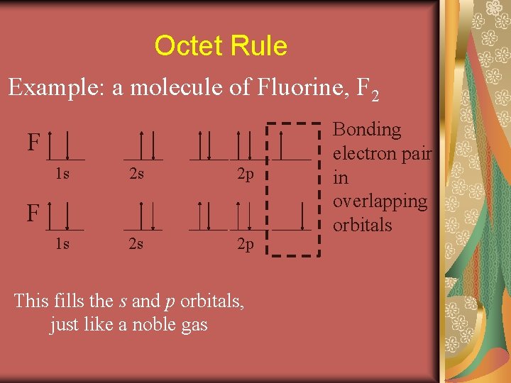 Octet Rule Example: a molecule of Fluorine, F 2 F 1 s 2 s