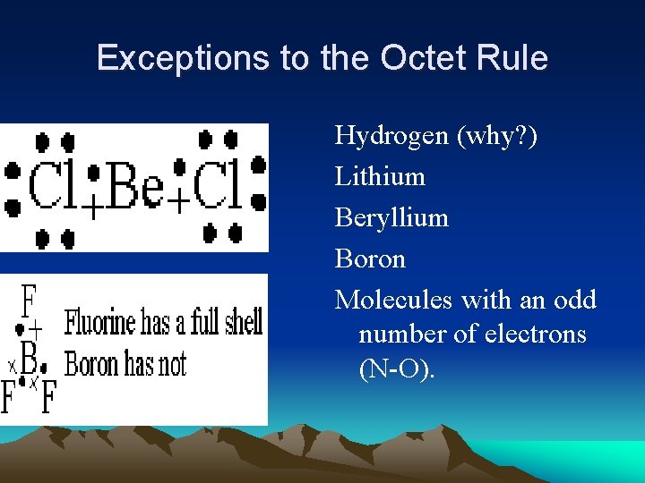 Exceptions to the Octet Rule Hydrogen (why? ) Lithium Beryllium Boron Molecules with an