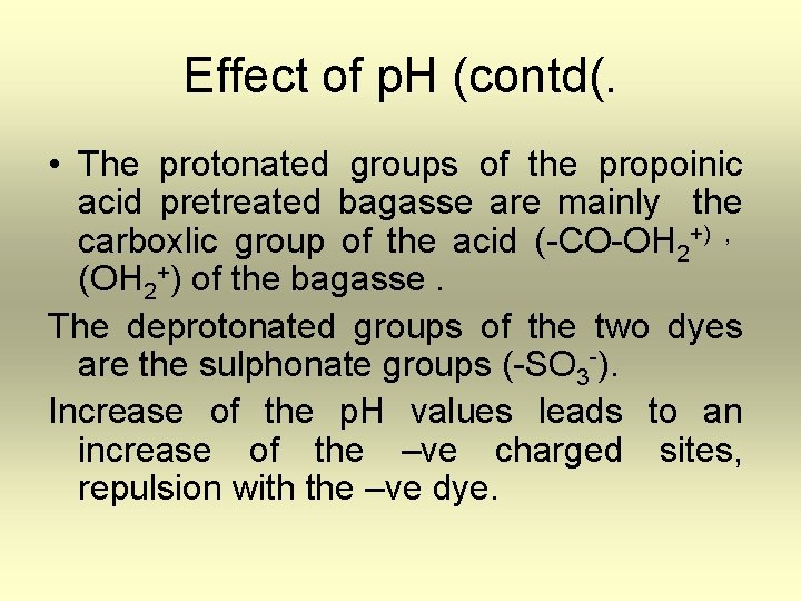 Effect of p. H (contd(. • The protonated groups of the propoinic acid pretreated