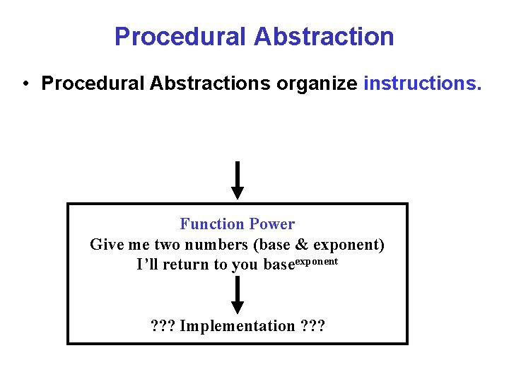 Procedural Abstraction • Procedural Abstractions organize instructions. Function Power Give me two numbers (base