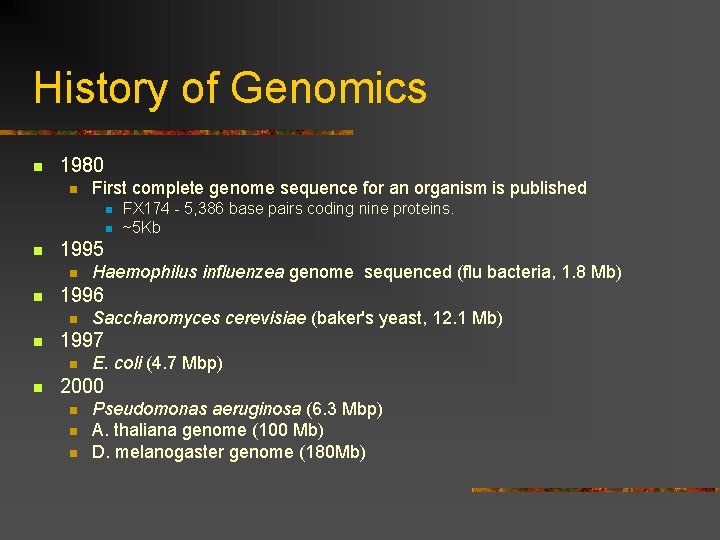 History of Genomics n 1980 n First complete genome sequence for an organism is