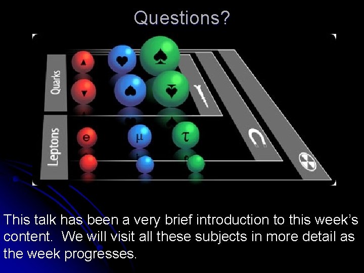 Questions? This talk has been a very brief introduction to this week’s content. We