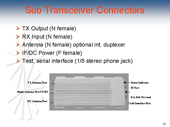 Sub Transceiver Connectors Ø TX Output (N female) Ø RX Input (N female) Ø