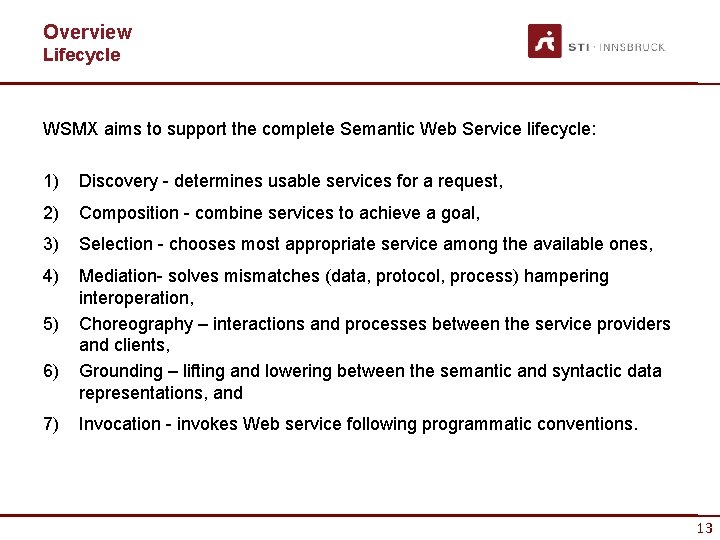 Overview Lifecycle WSMX aims to support the complete Semantic Web Service lifecycle: 1) Discovery