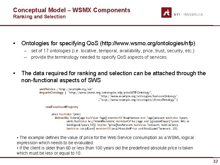 Conceptual Model – WSMX Components Ranking and Selection • Ontologies for specifying Qo. S