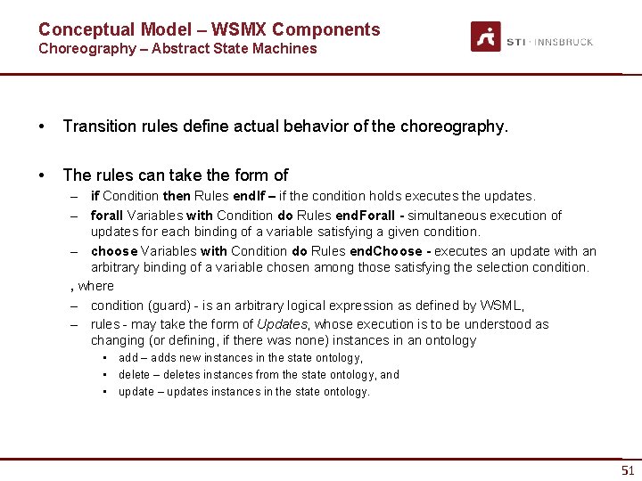 Conceptual Model – WSMX Components Choreography – Abstract State Machines • Transition rules define