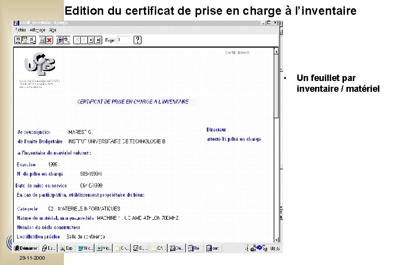 Edition du certificat de prise en charge à l’inventaire • Bourse aux Outils 29