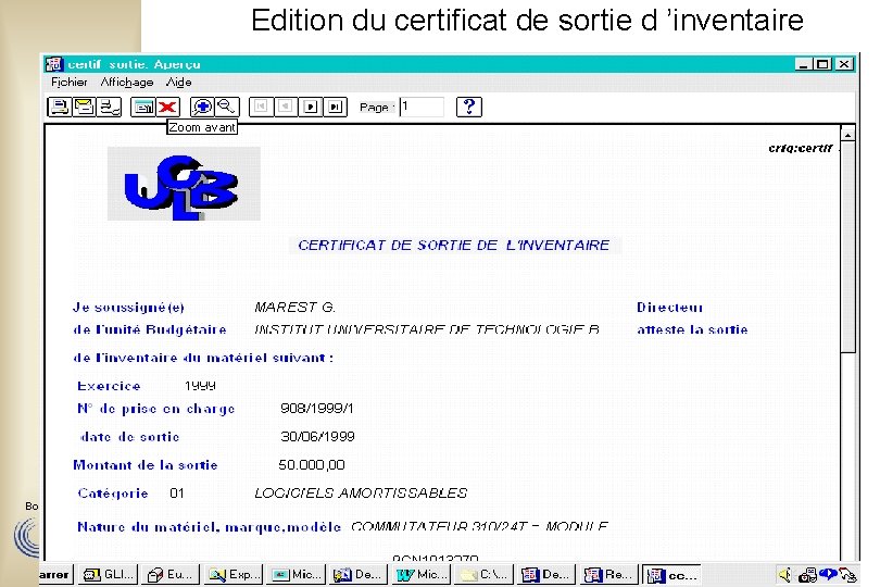 Edition du certificat de sortie d ’inventaire Bourse aux Outils 29 -11 -2000 