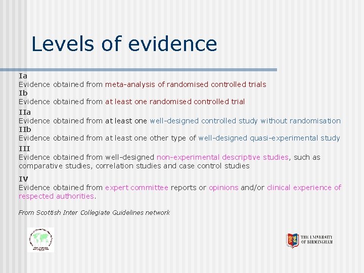 Levels of evidence Ia Evidence obtained from meta-analysis of randomised controlled trials Ib Evidence