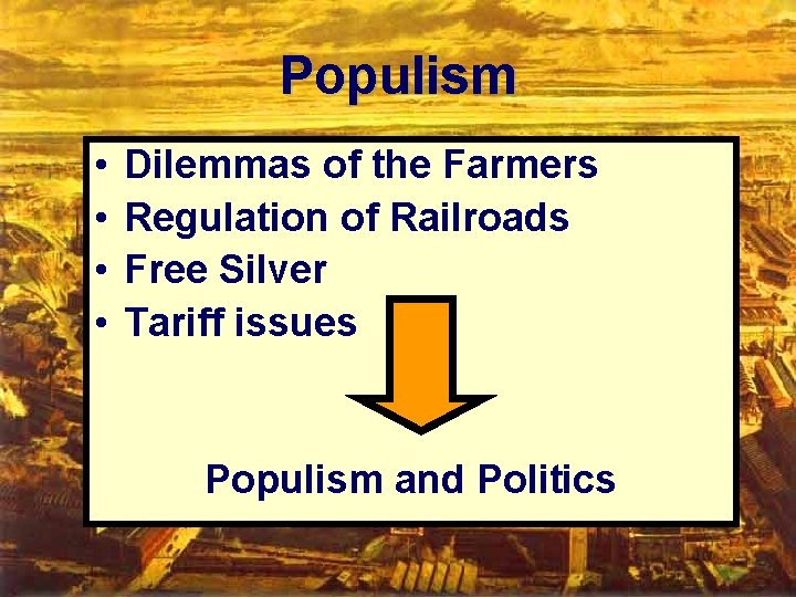 Populism • • Dilemmas of the Farmers Regulation of Railroads Free Silver Tariff issues