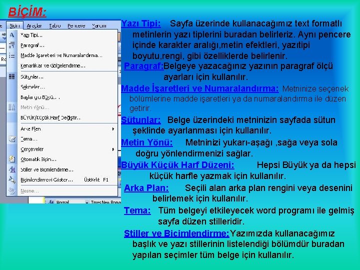 BİÇİM: Yazı Tipi: Sayfa üzerinde kullanacağımız text formatlı metinlerin yazı tiplerini buradan belirleriz. Aynı